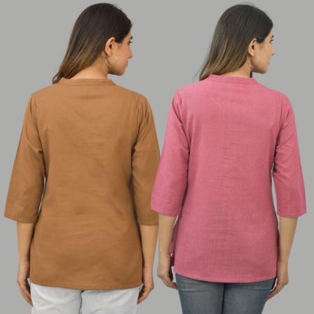 Combo of 2 Pink and Brown Cotton Flax Women Top-10654