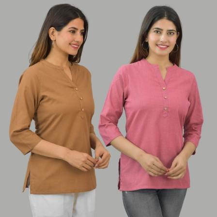 Combo of 2 Pink and Brown Cotton Flax Women Top-10654