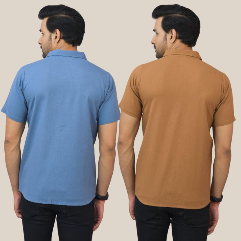 Sky Blue and Brown Solid Cotton Men Shirt