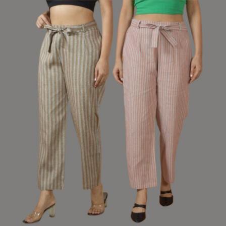 Combo of 2 Women Yellow Purple Cotton Checks Belt Pant-10061