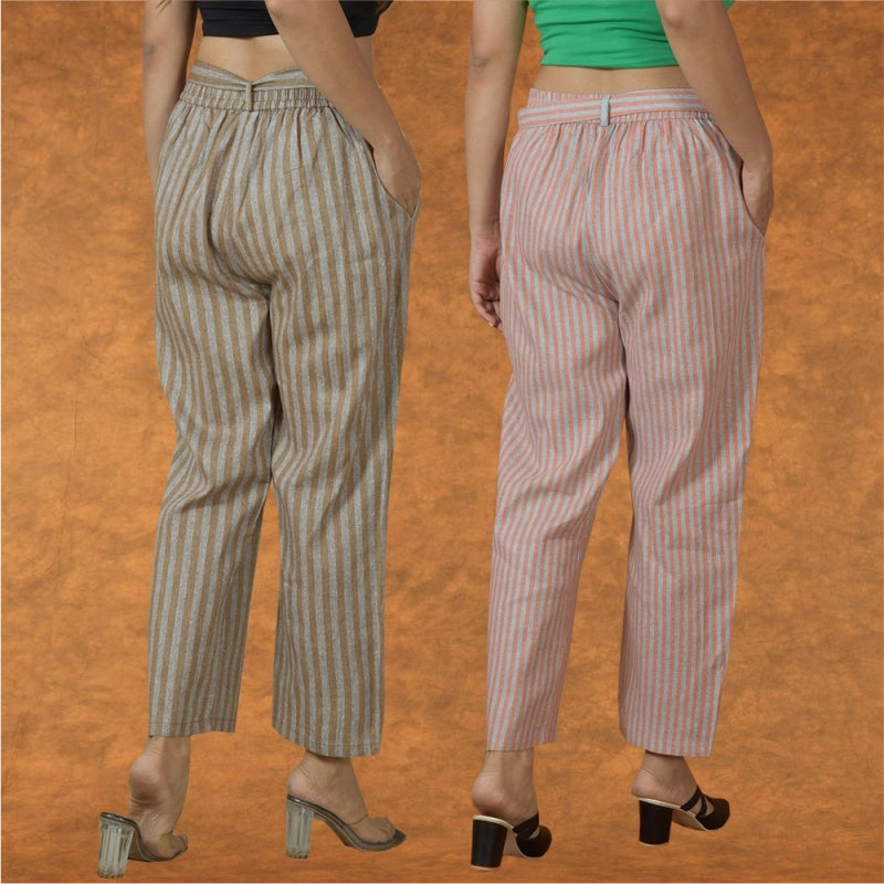 Combo of 2 Women Yellow Purple Cotton Checks Belt Pant-10061