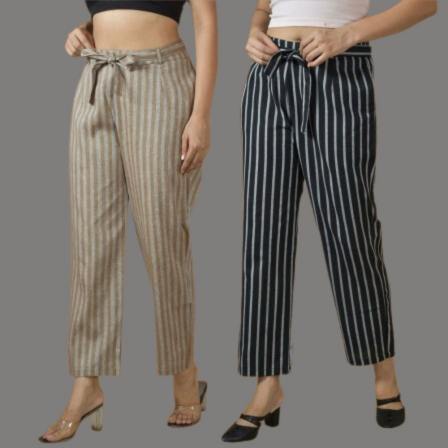 Combo of 2 Women Blue Black Cotton Checks Belt Pant-10063