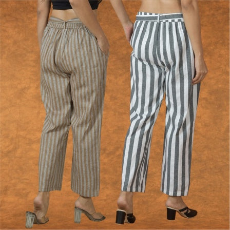 Combo of 2 Women Purple Blue Cotton Checks Belt Pant-10066