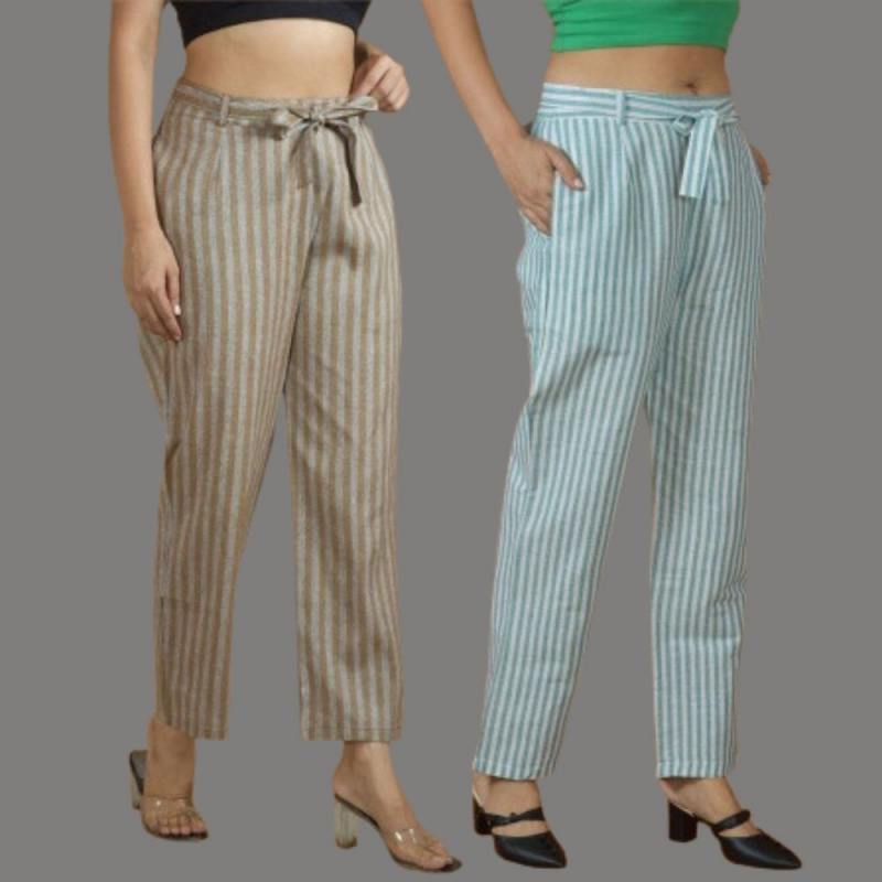 Combo of 2 Women White Purple Cotton Checks Belt Pant-10067