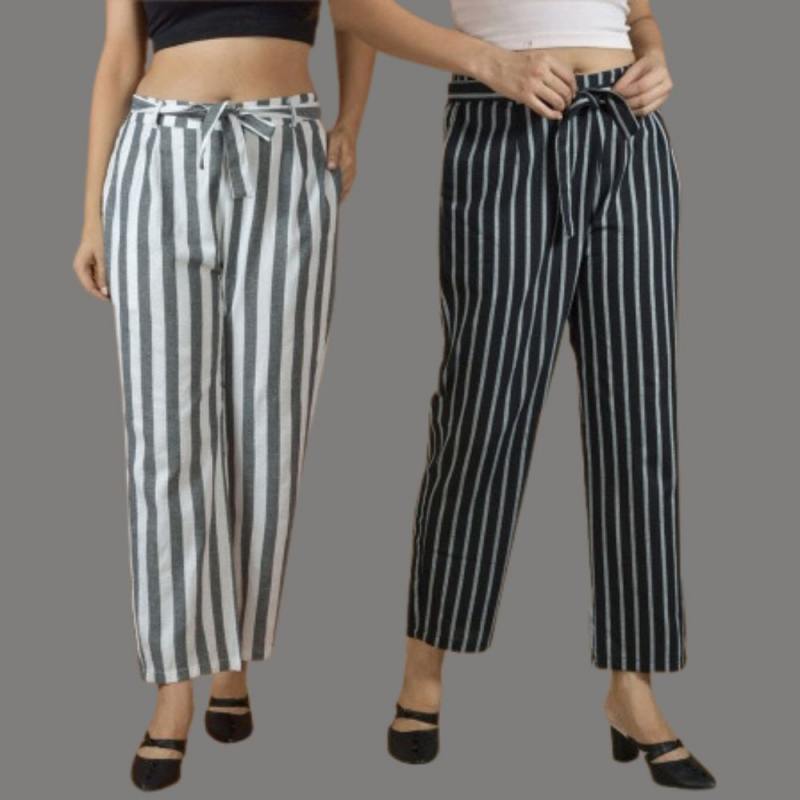 Combo of 2 Women Purple Black Cotton Checks Belt Pant-10084