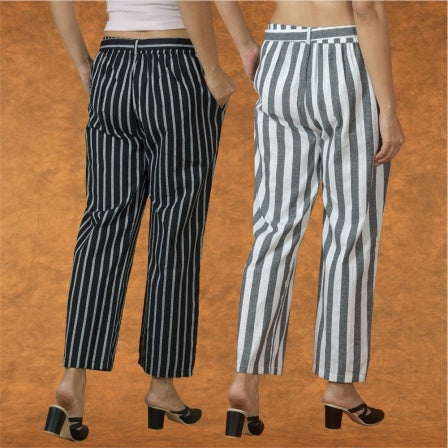 Combo of 2 Women Purple Black Cotton Checks Belt Pant-10084