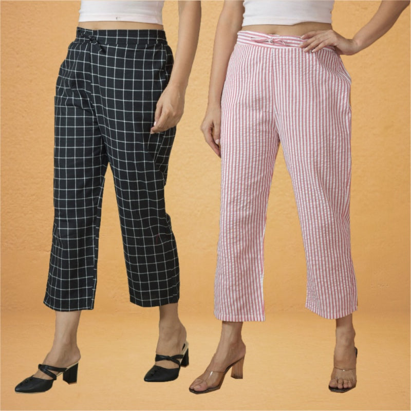 Combo of 2 Women Pink Black Cotton Regular Ankle Length Pant-10197