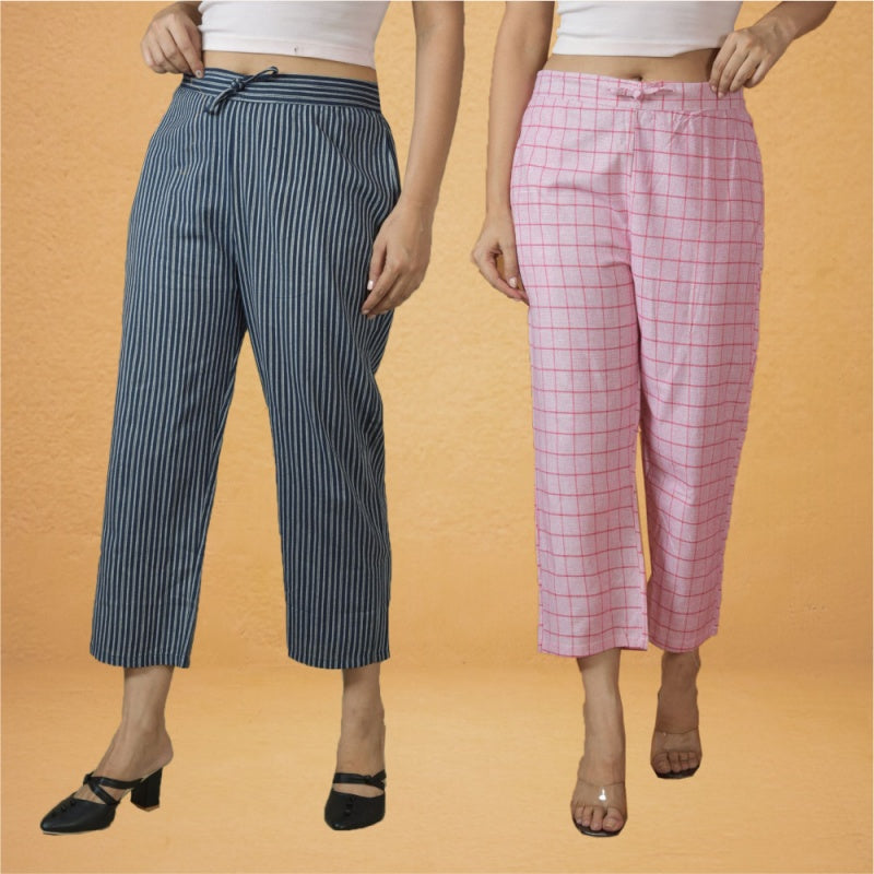 Combo of 2 Women Pink Navy Blue Cotton Regular Ankle Length Pant-10208