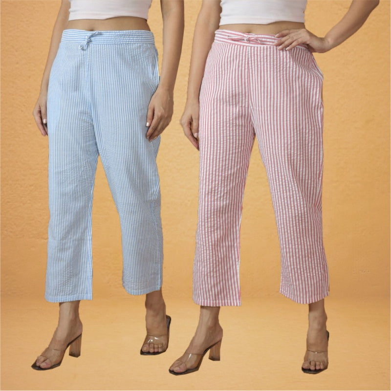 Combo of 2 Women Sky Blue Pink Cotton Regular Ankle Length Pant-10233