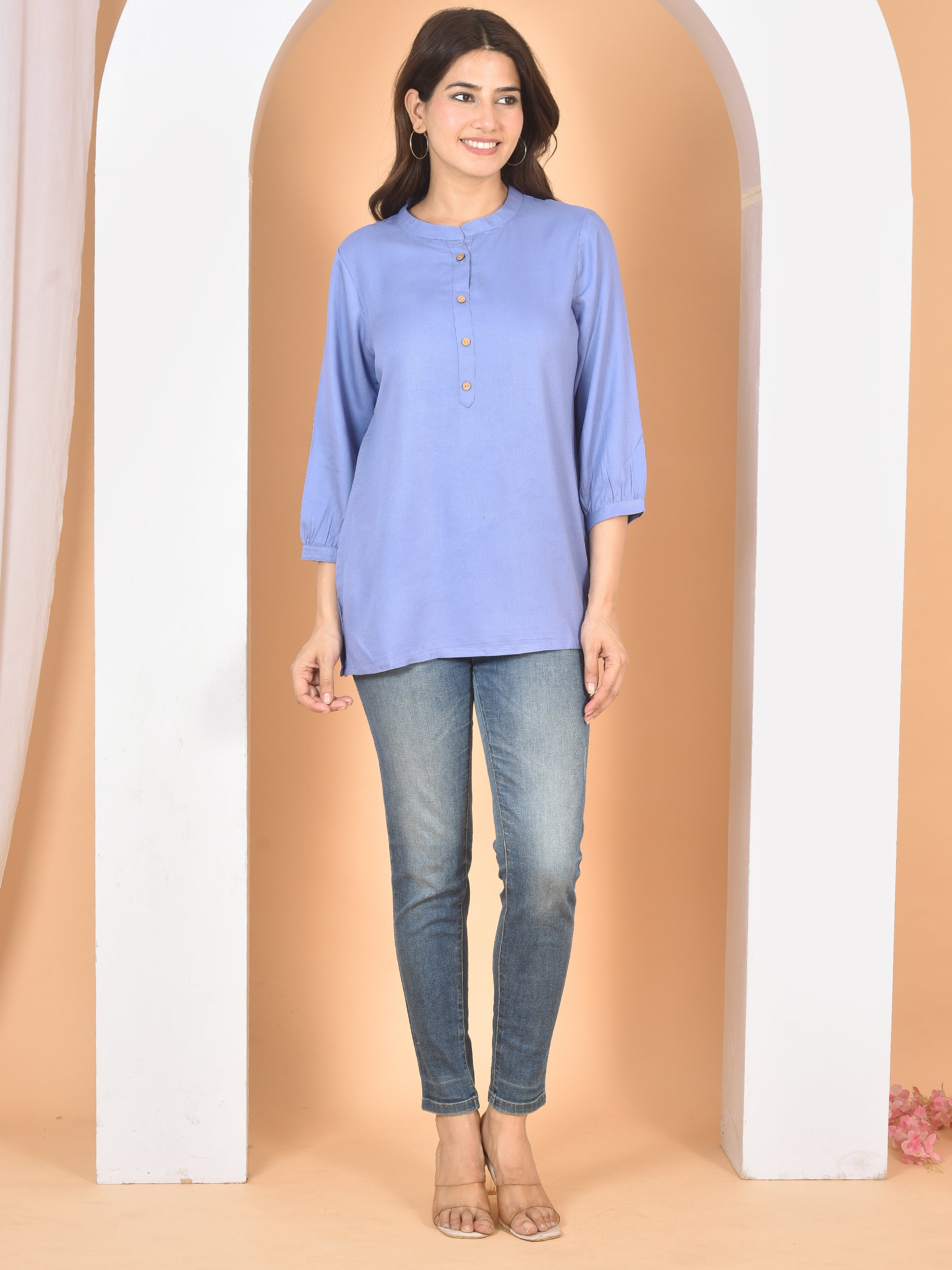 Women Blue Plain Top T-23