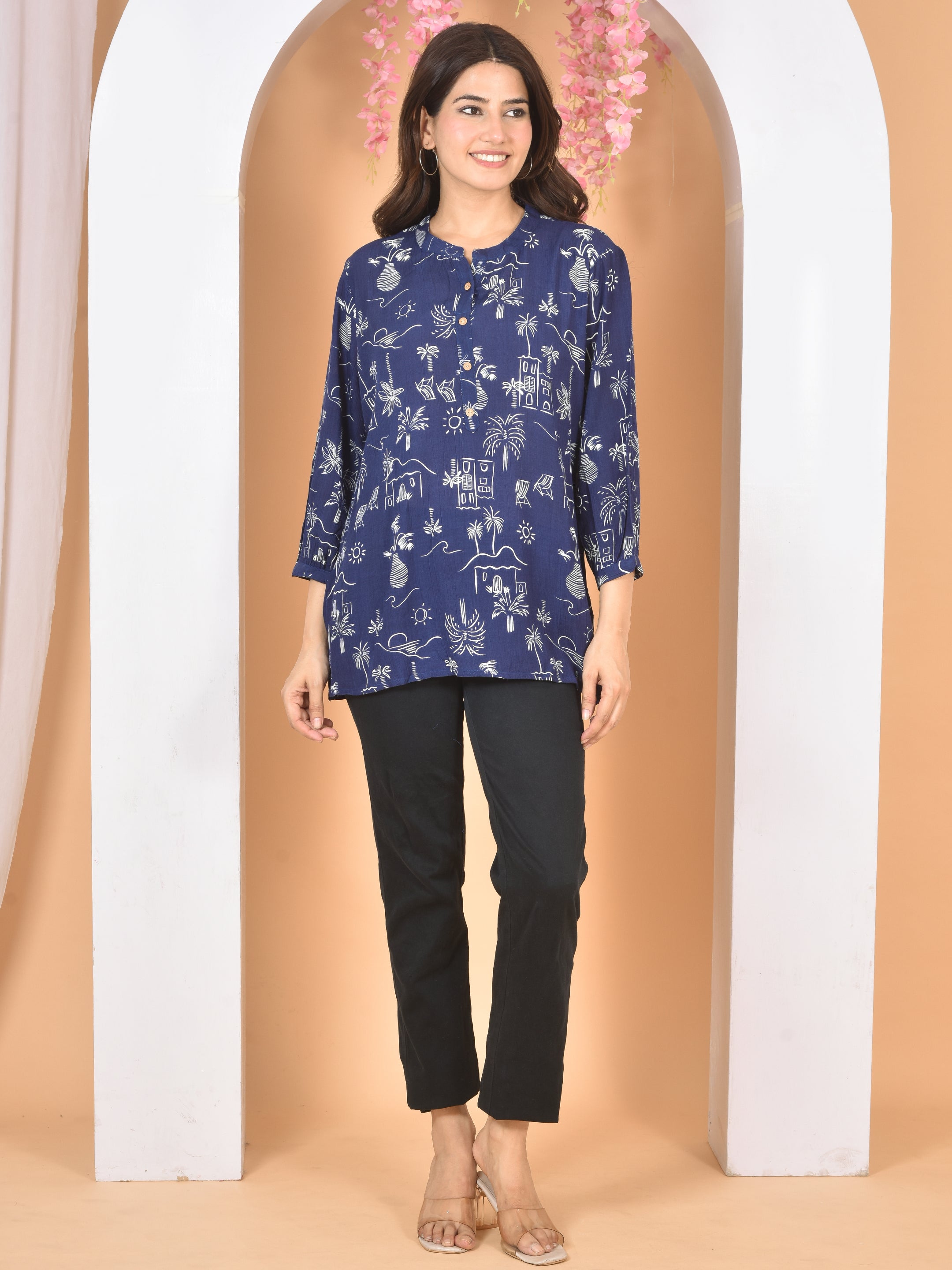 Women Blue Printed Top T-18