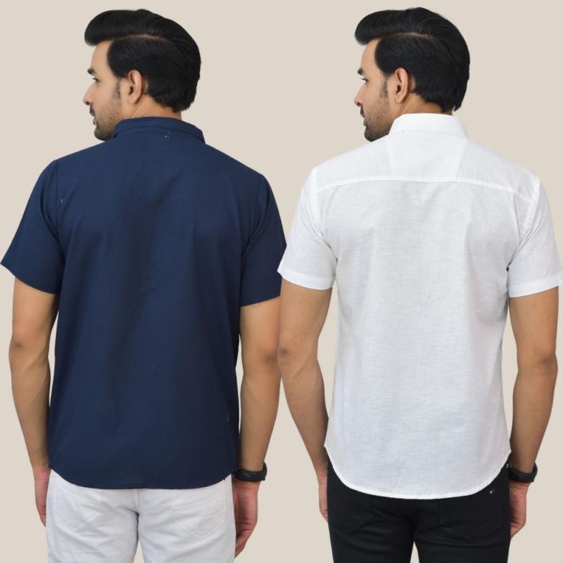 Navy Blue and White Solid Cotton Men Shirt