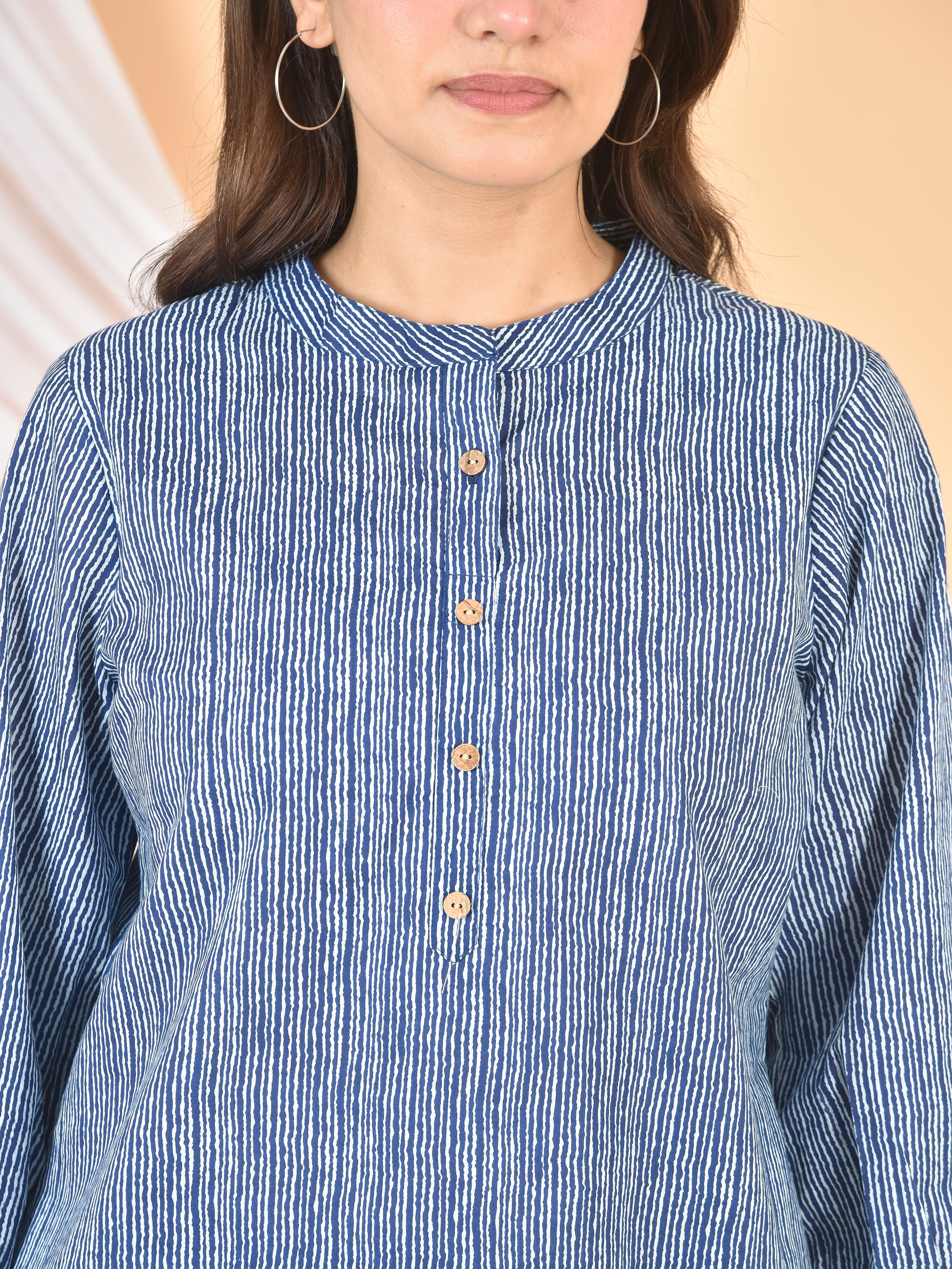 Women Blue White Lining Top-T-01