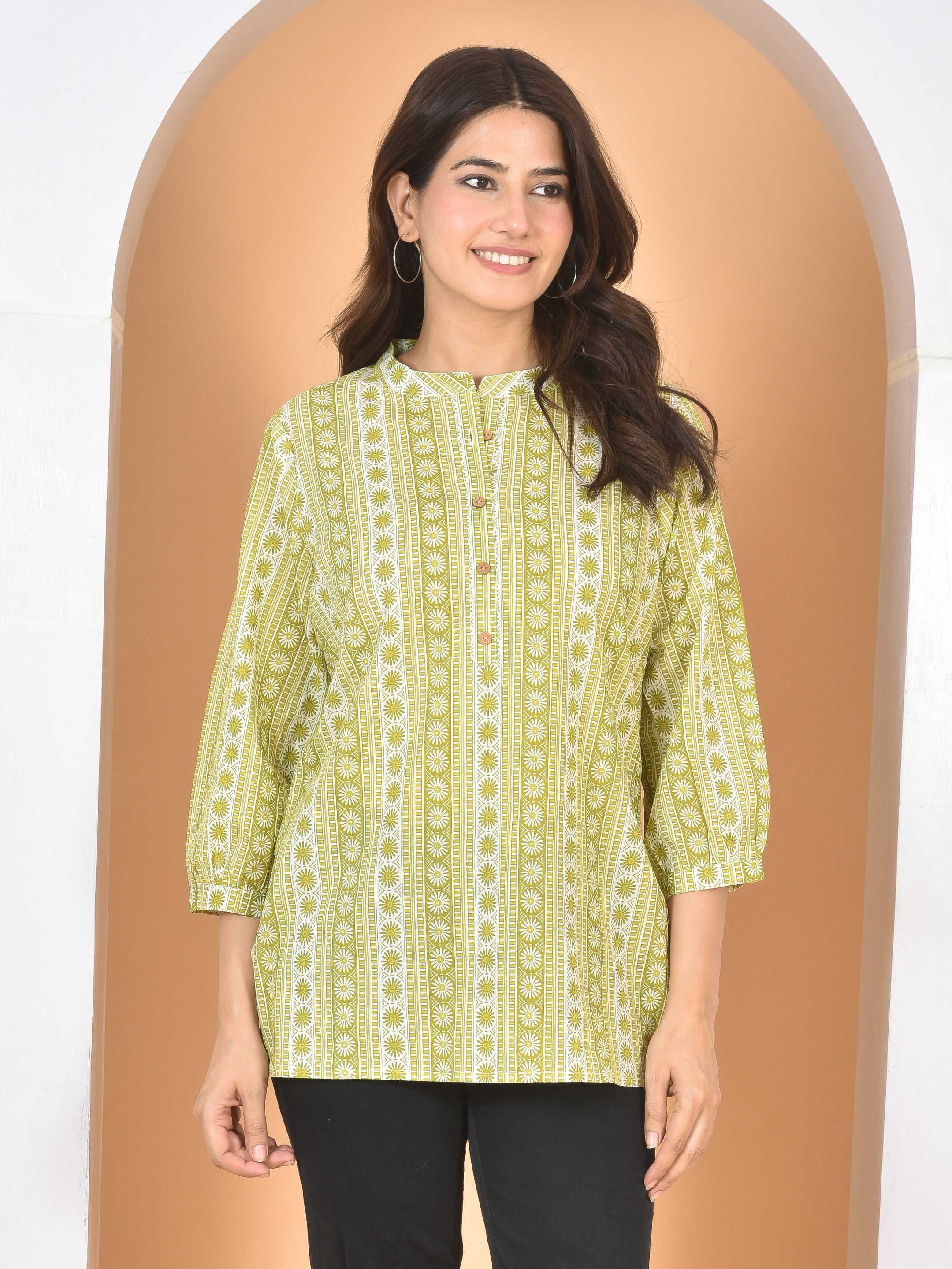 Women Olive Green Printed Top T-13