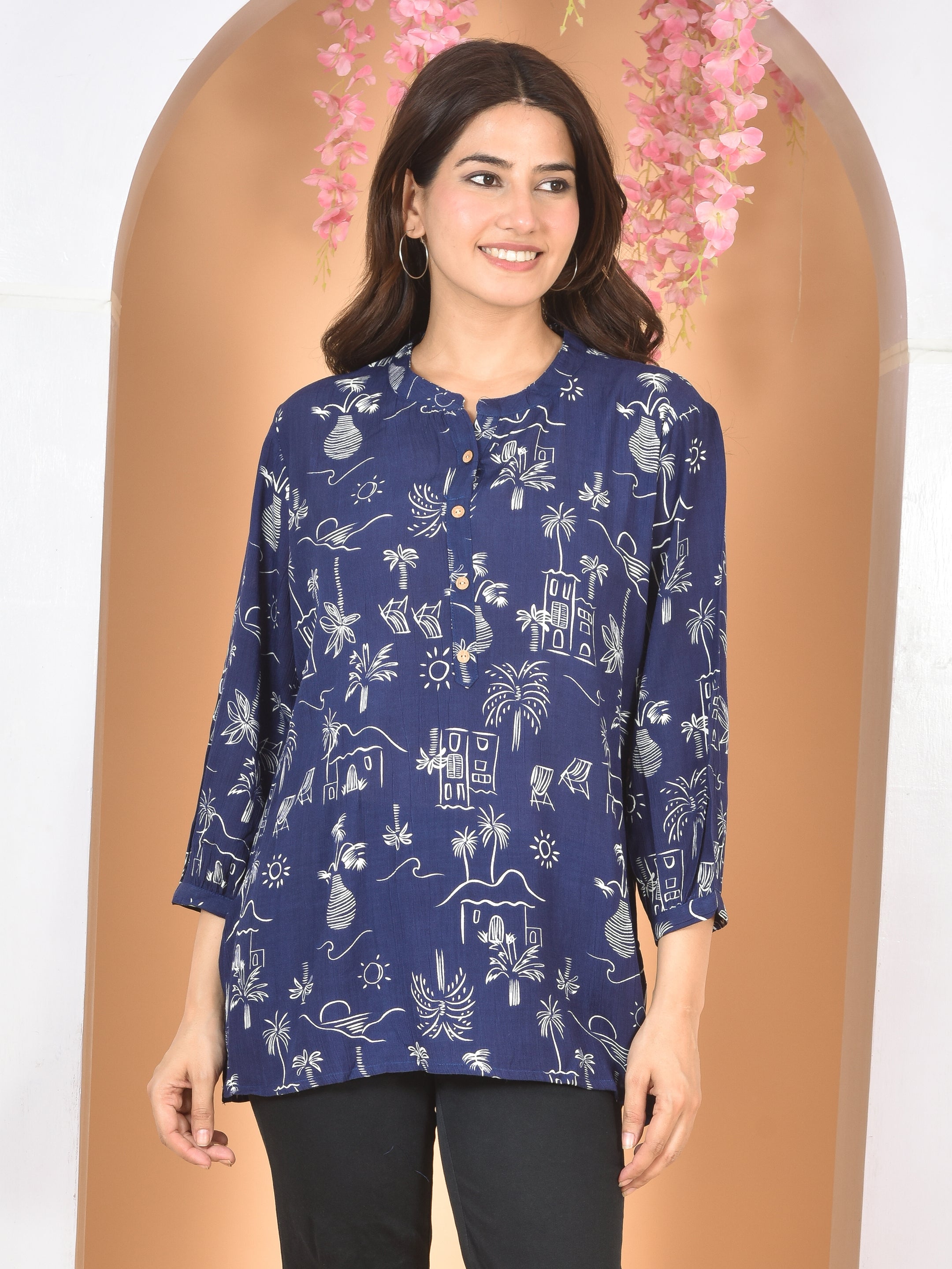 Women Blue Printed Top T-18