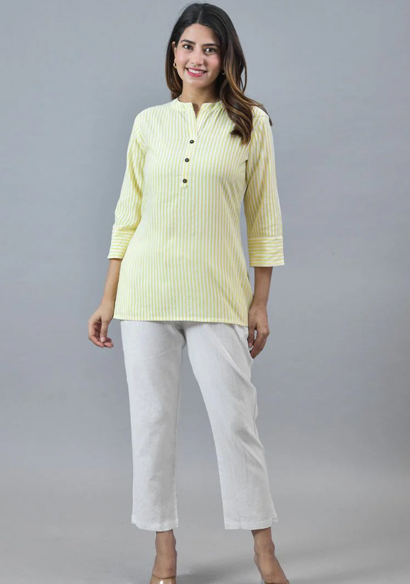 Yellow White Cotton Stripe Women Top-10285