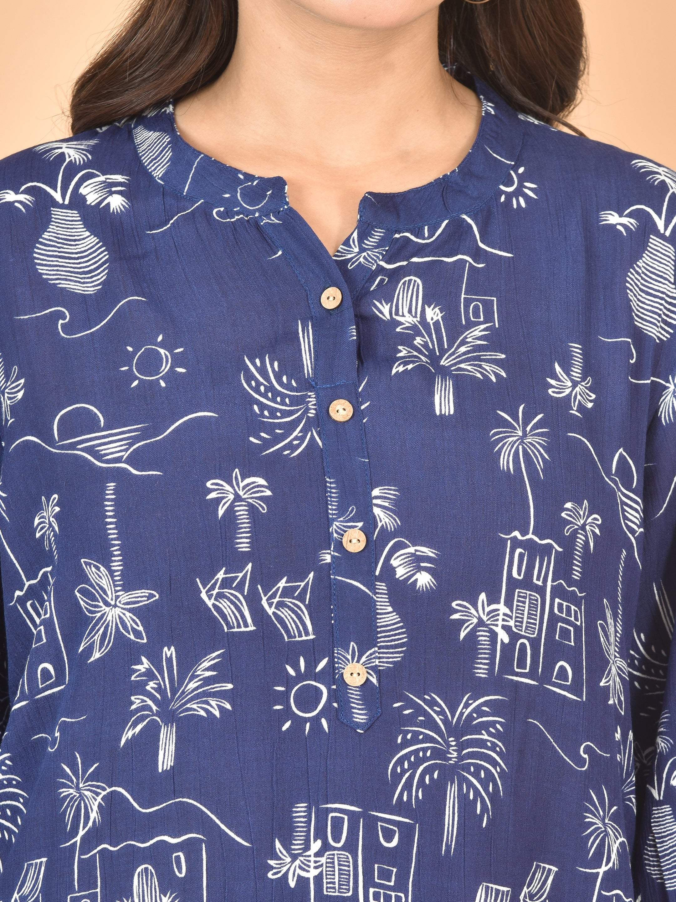 Women Blue Printed Top T-17