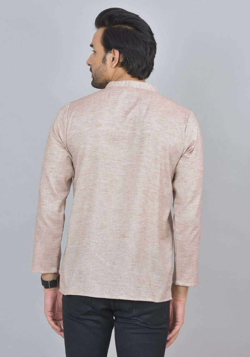 Combo of 2 Men Cotton Self Design Short Kurta Beige and Yellow