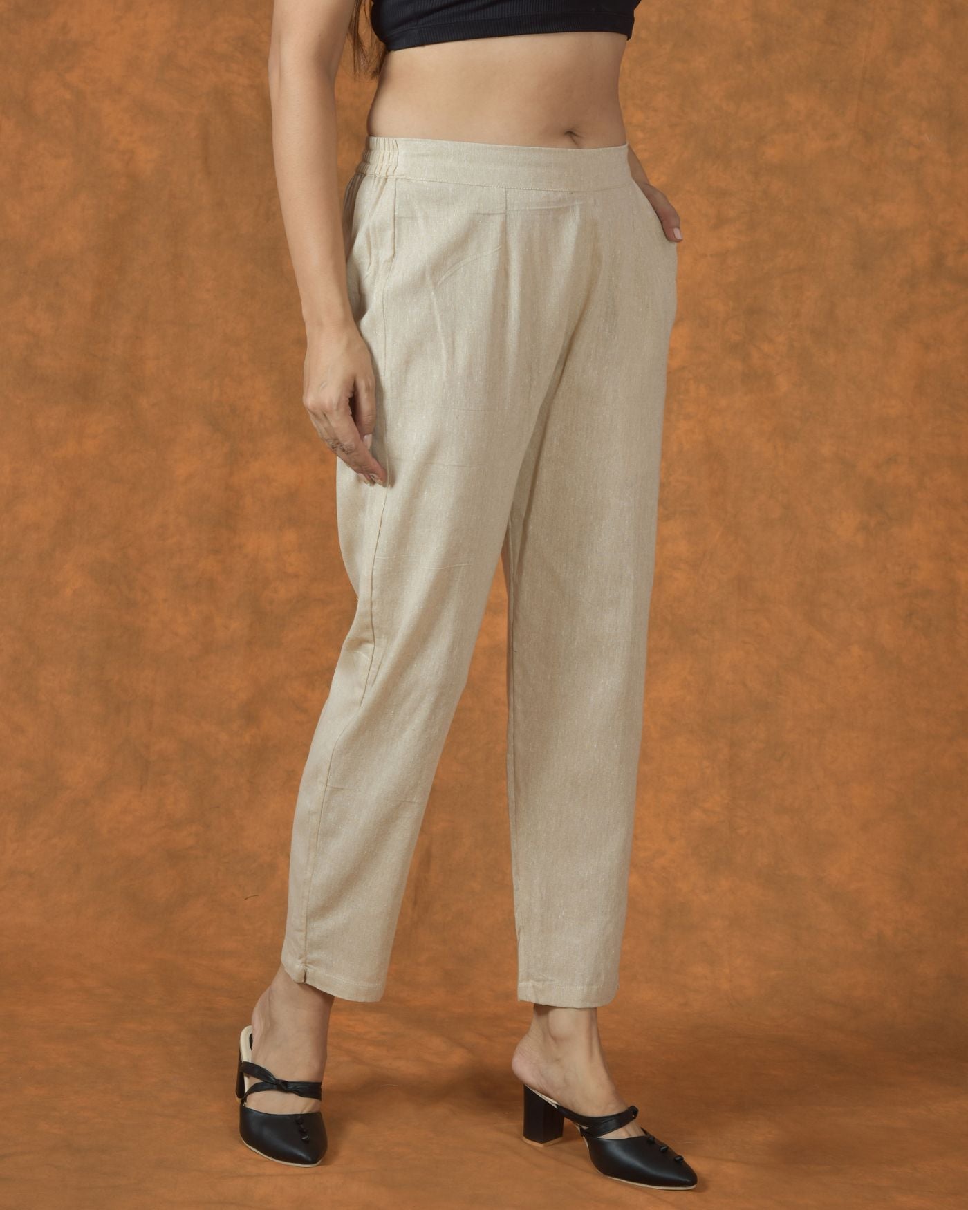 Beige Solid Cotton Trouser Pant