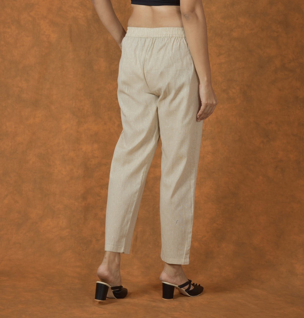 Beige Solid Cotton Trouser Pant