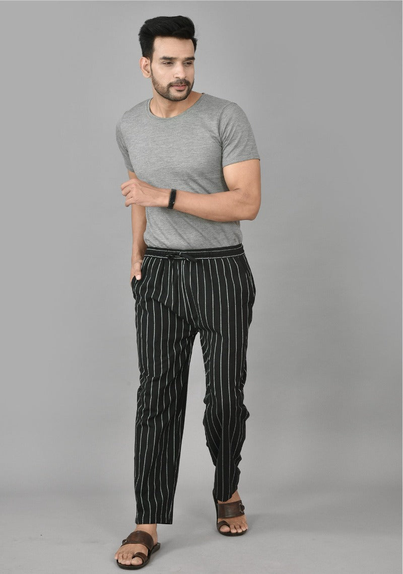 Black Cotton Handloom Stripe Men Pant