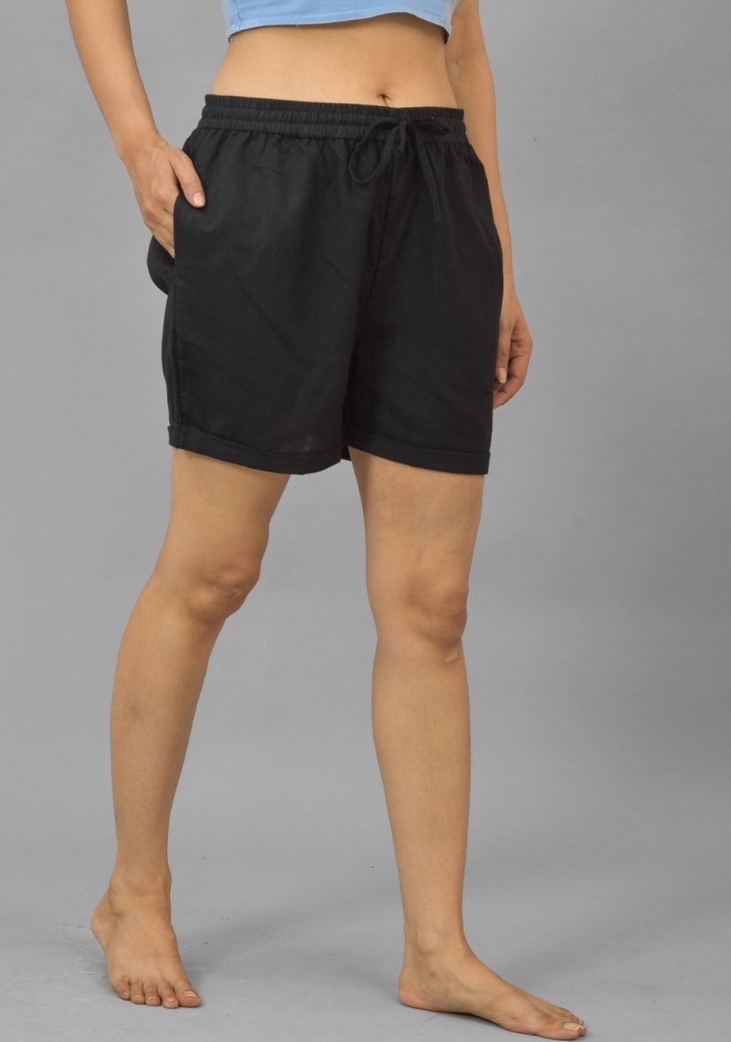 Black Solid Cotton Flax Shorts