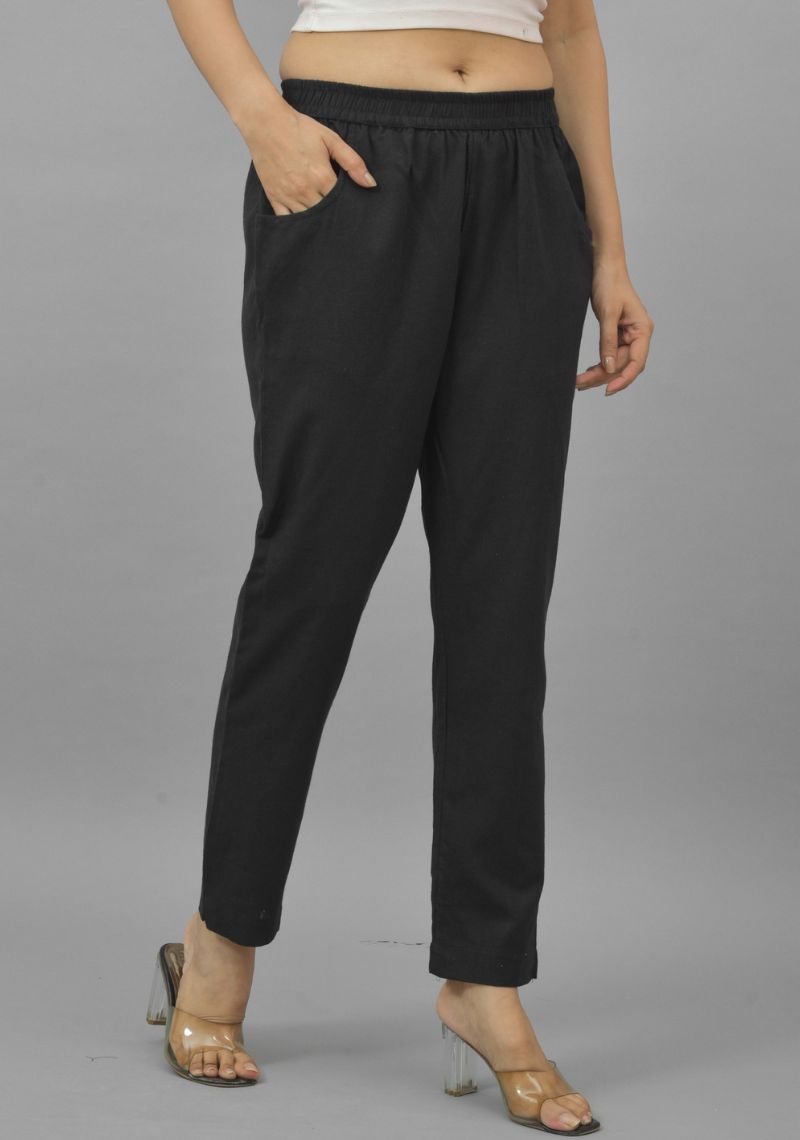 Black Solid Cotton Flax Trouser Pants
