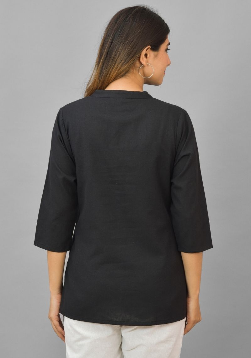Black Solid Cotton Flax Women Top-10388