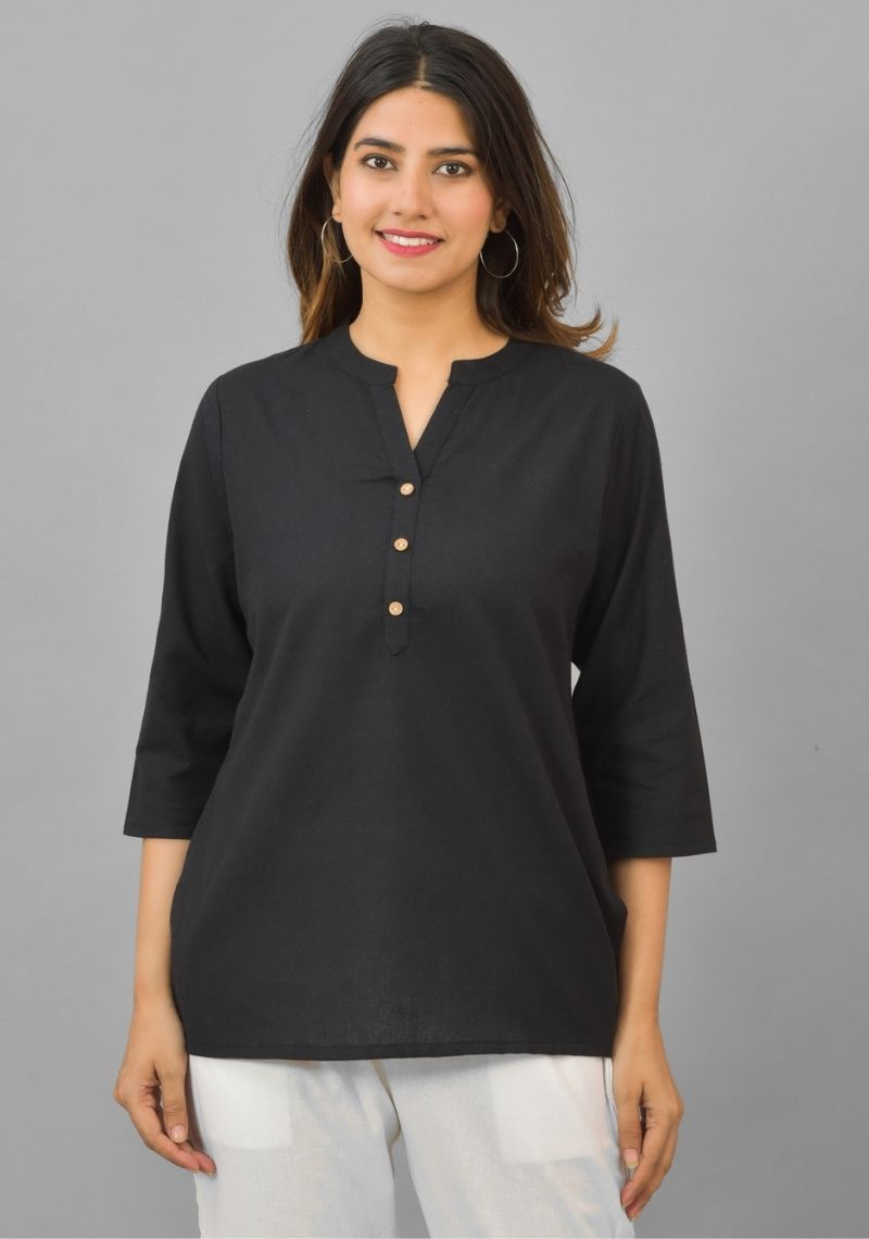 Black Solid Cotton Flax Women Top-10388