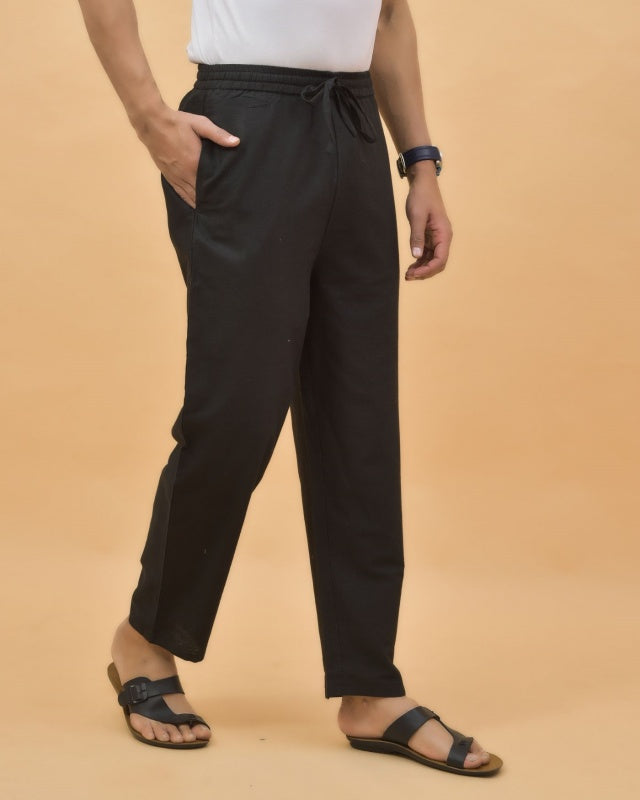 Black Solid Cotton Handloom Men Pant