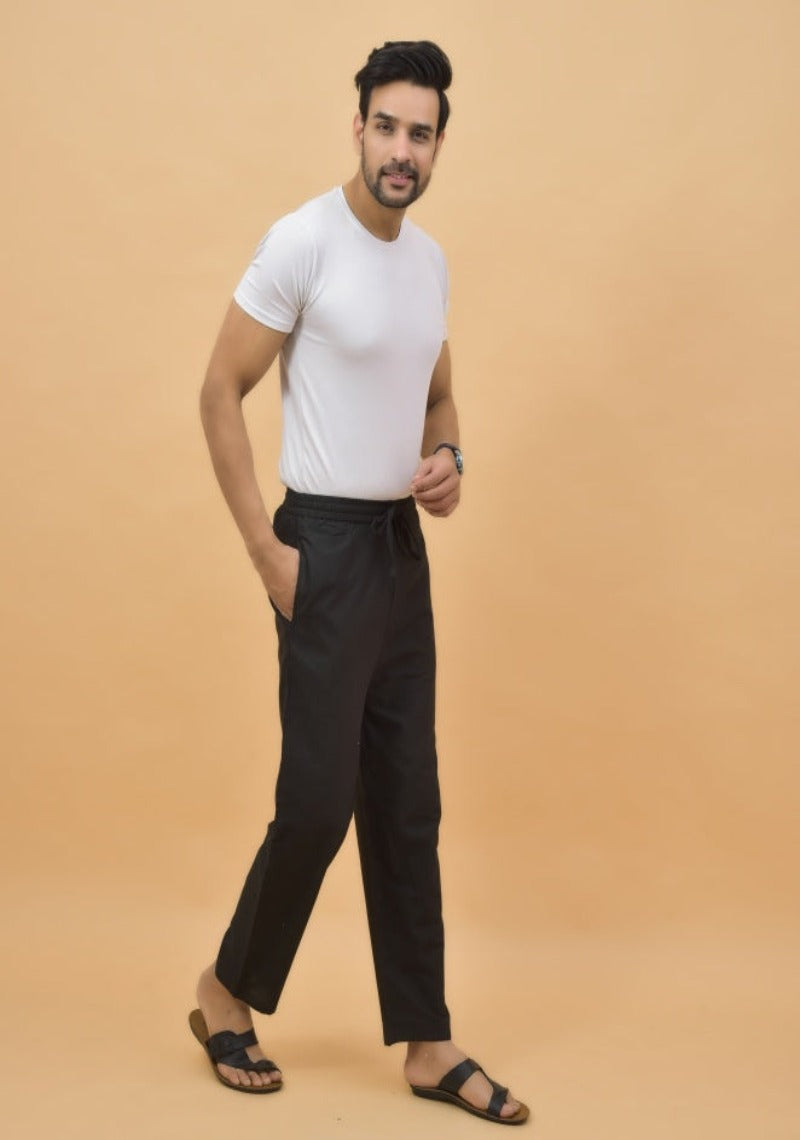 Black Solid Cotton Handloom Men Pant