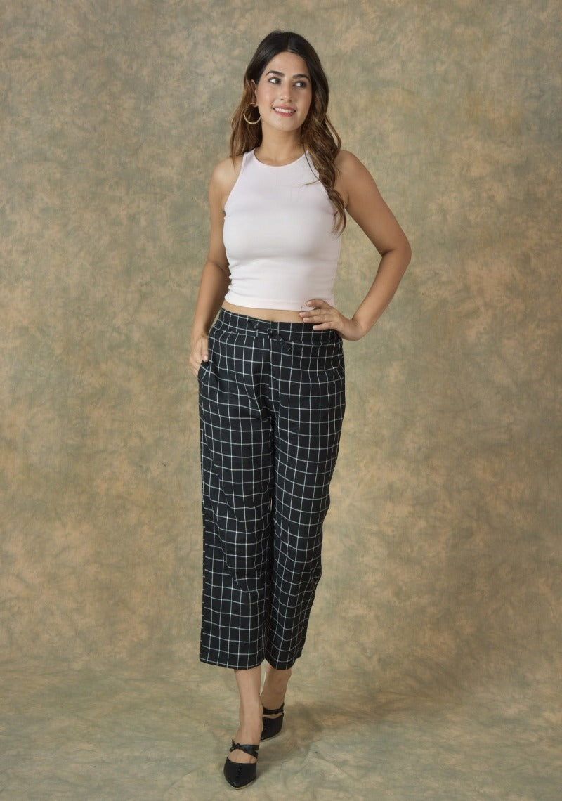Black White Cotton Checks Regular Pant