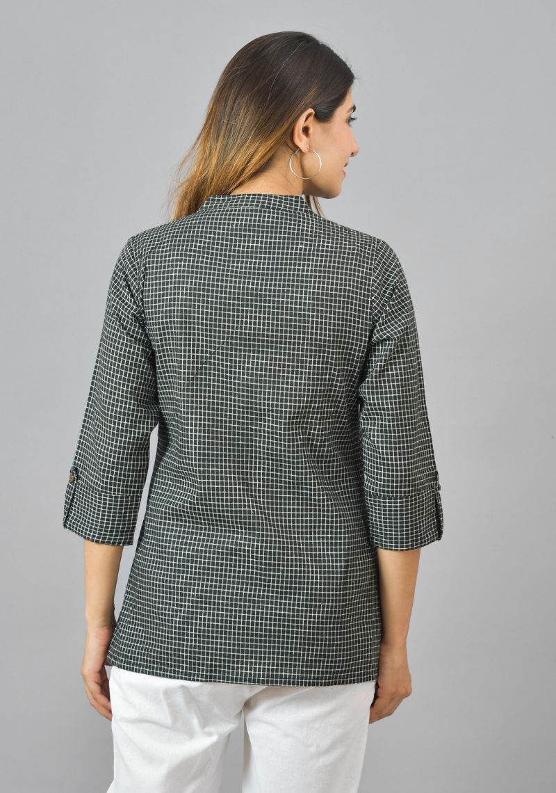 Black White Cotton Checks Women Top-10382-T