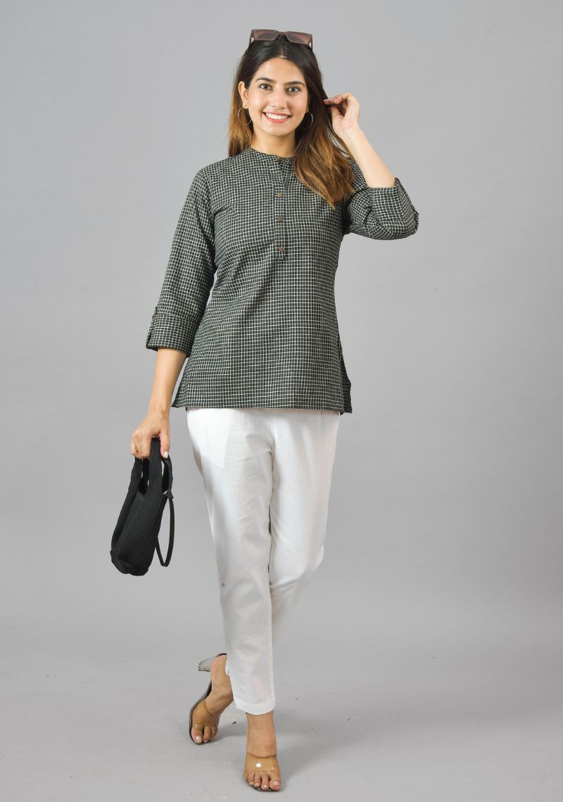 Black White Cotton Checks Women Top-10382-T