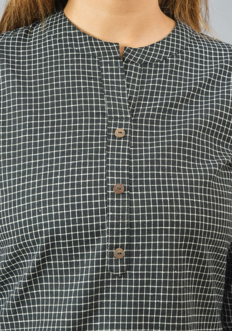 Black White Cotton Checks Women Top-10382-T