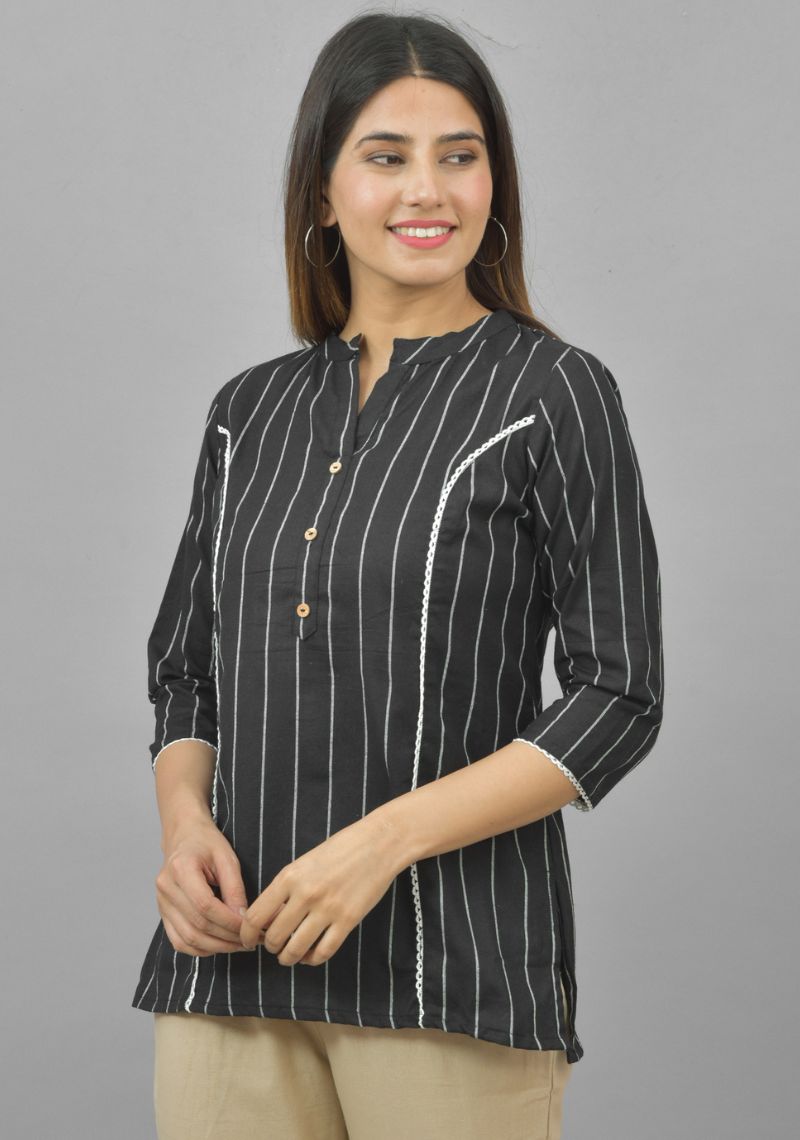 Black White Cotton Stripe Women Top-10749