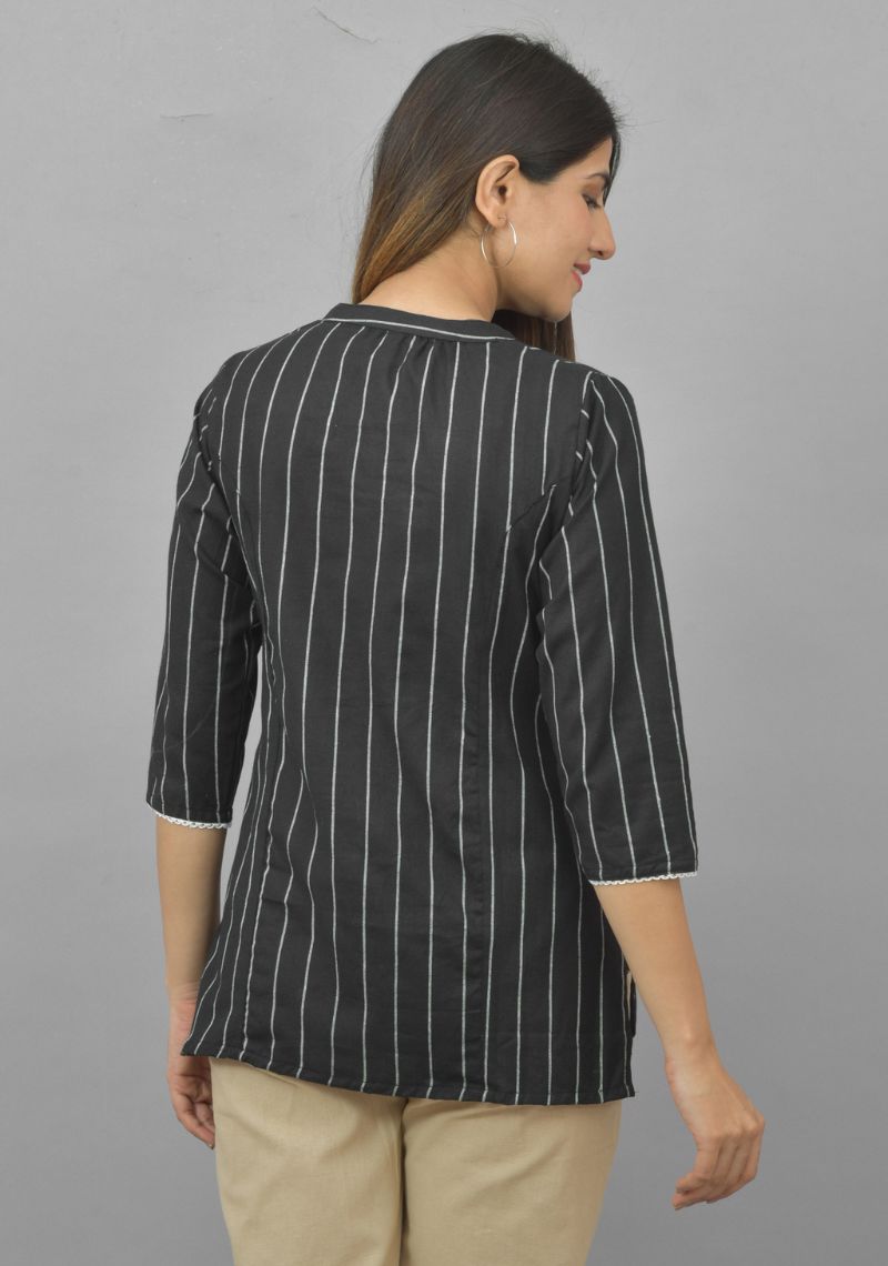 Black White Cotton Stripe Women Top-10749
