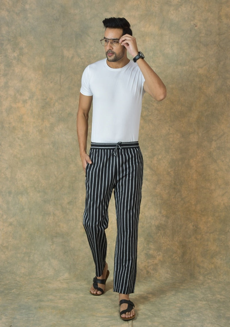 Black White Stripe Cotton Handloom Men Pant
