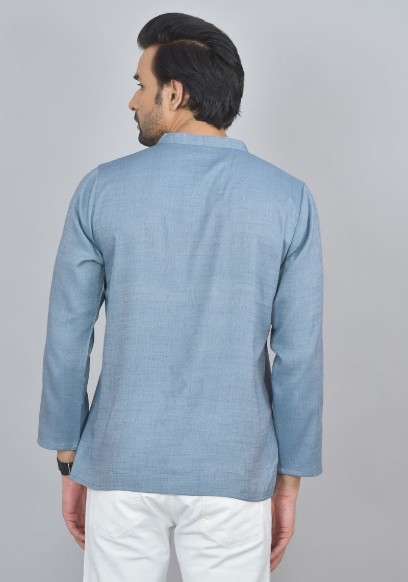 Combo of 2 Men Cotton Self Design Short Kurta Blue and Beige