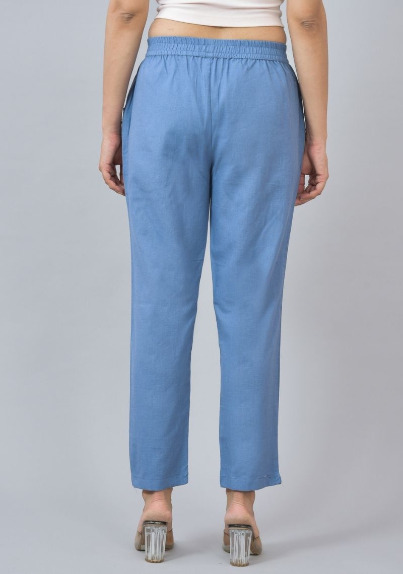 Blue Solid Cotton Flax Trouser Pants