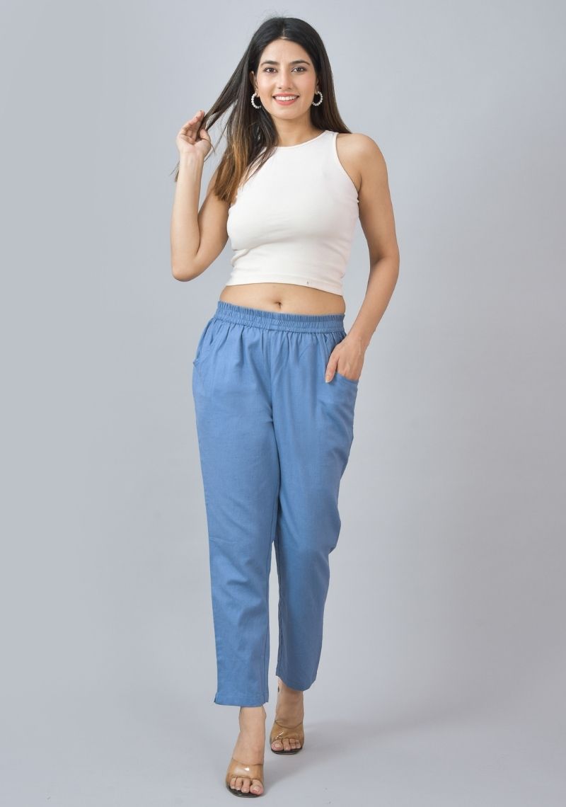 Blue Solid Cotton Flax Trouser Pants