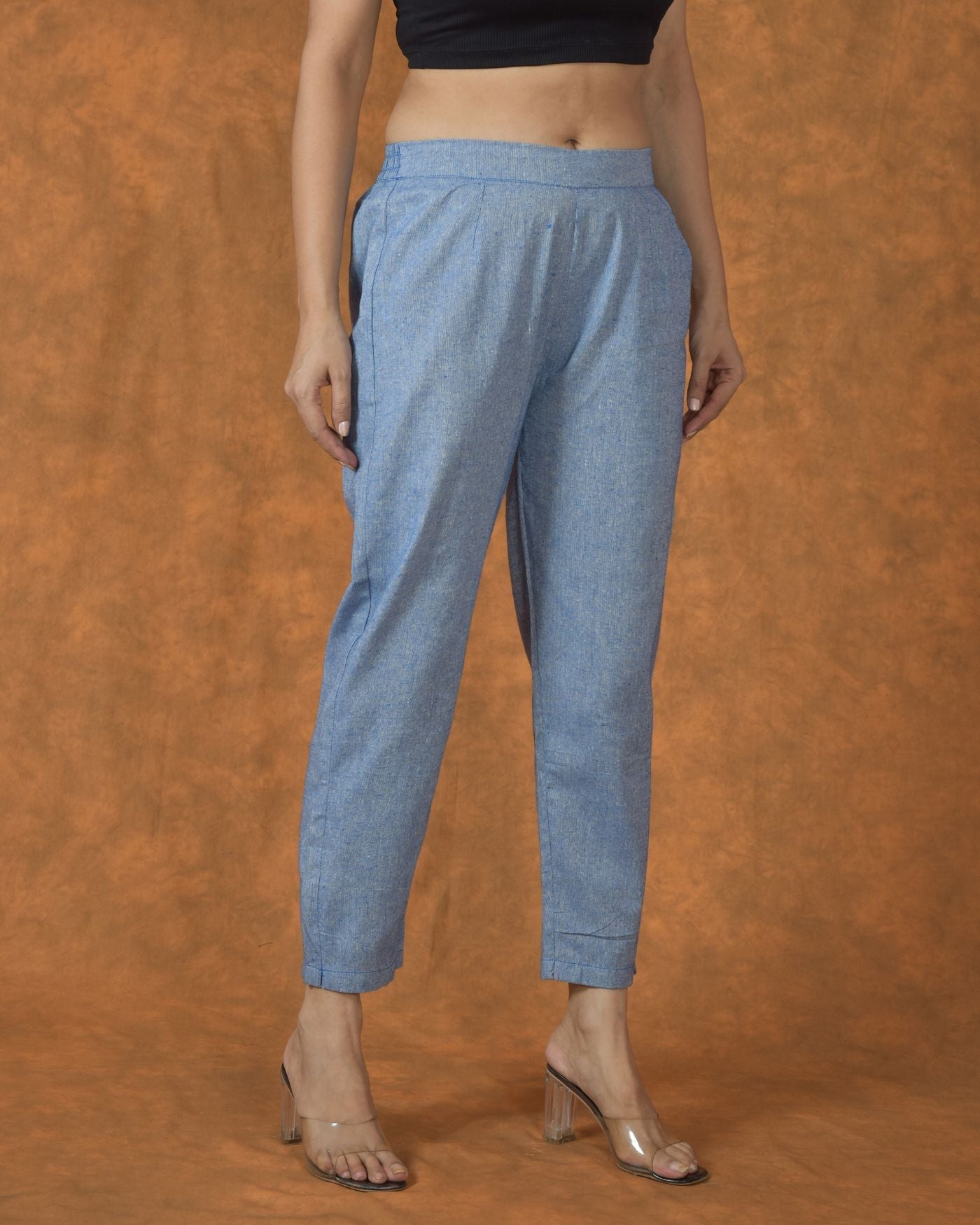 Blue Solid Cotton Trouser Pant