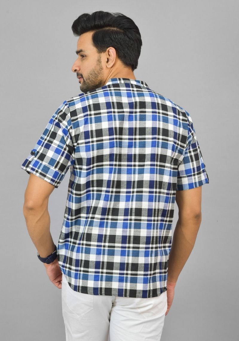 BLUE WHITE AND BLACK CHECKS COTTON HANDLOOM CORD SET-25292