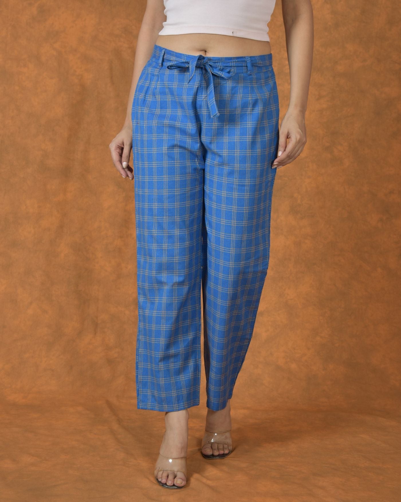 Blue Yellow Cotton Checks Belt Pant