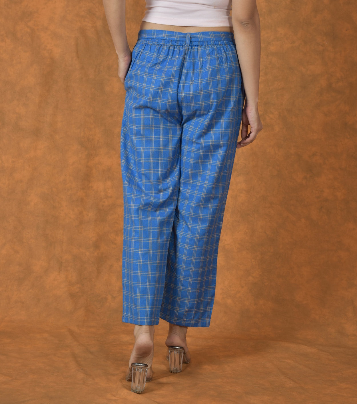 Blue Yellow Cotton Checks Belt Pant