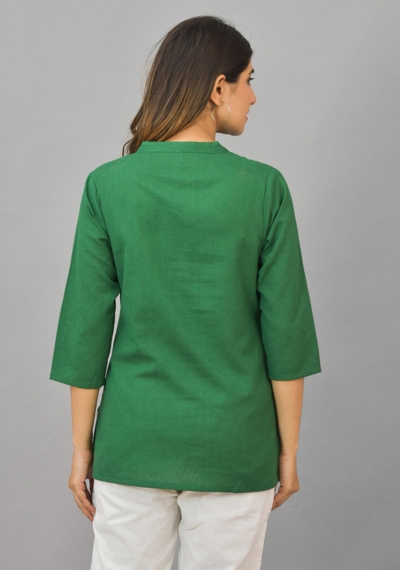 Bottle Green Solid Cotton Flax Women Top-10386
