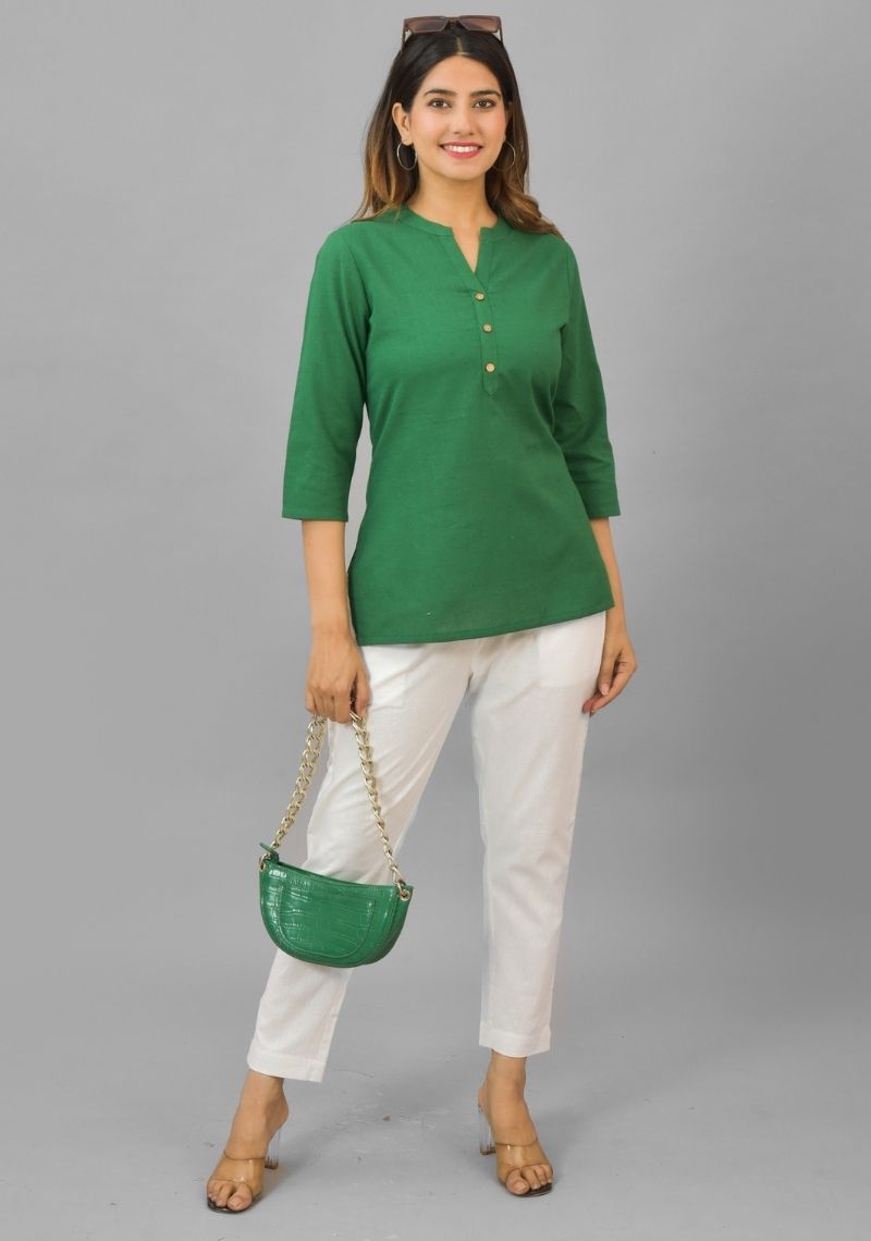 Bottle Green Solid Cotton Flax Women Top-10386