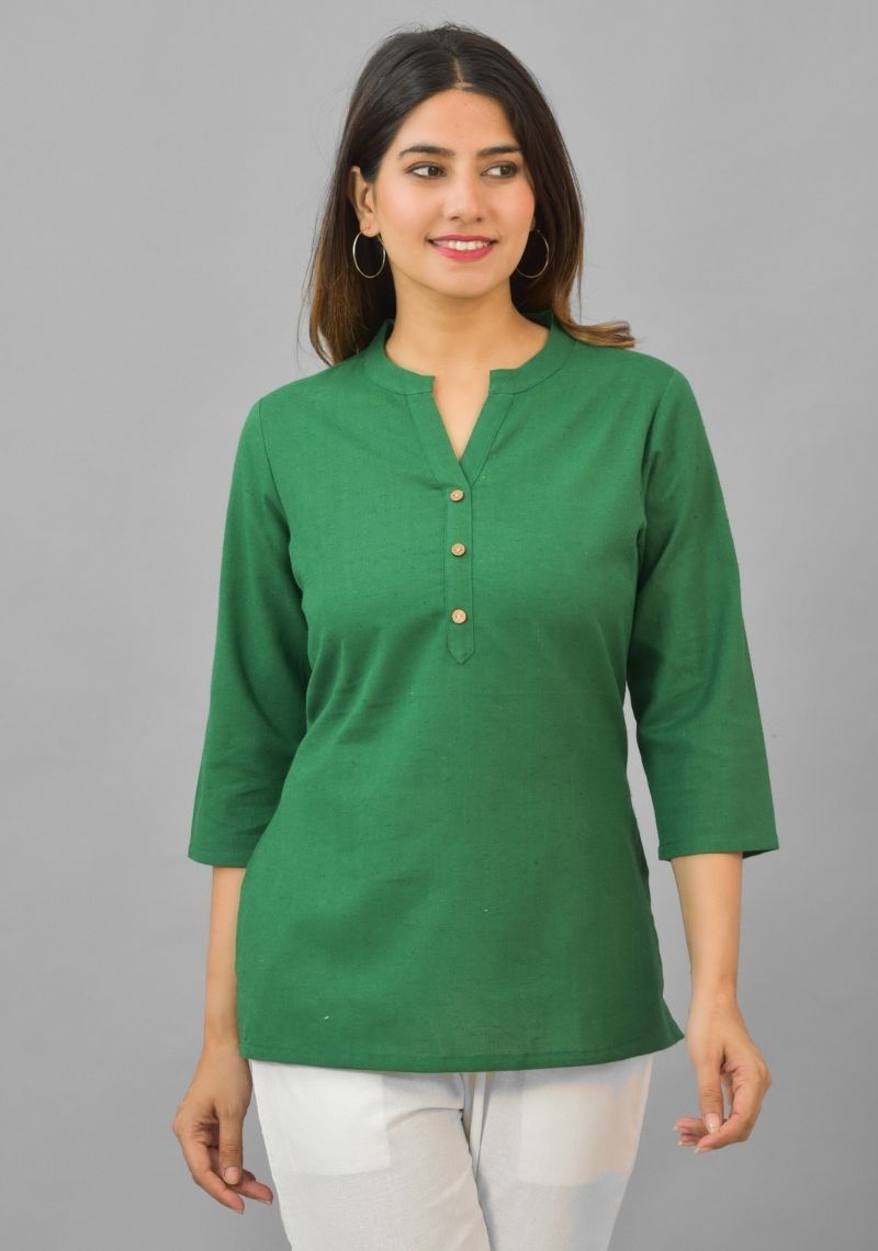 Bottle Green Solid Cotton Flax Women Top-10386