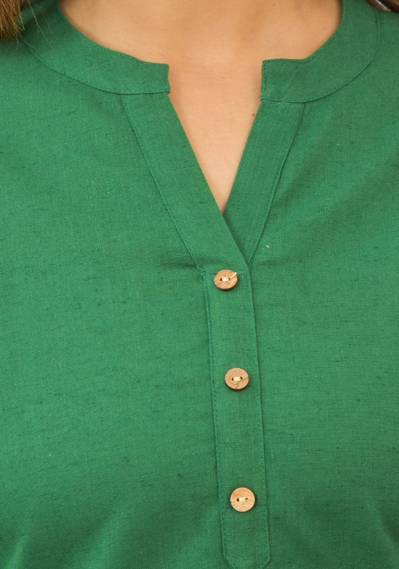 Bottle Green Solid Cotton Flax Women Top-10386