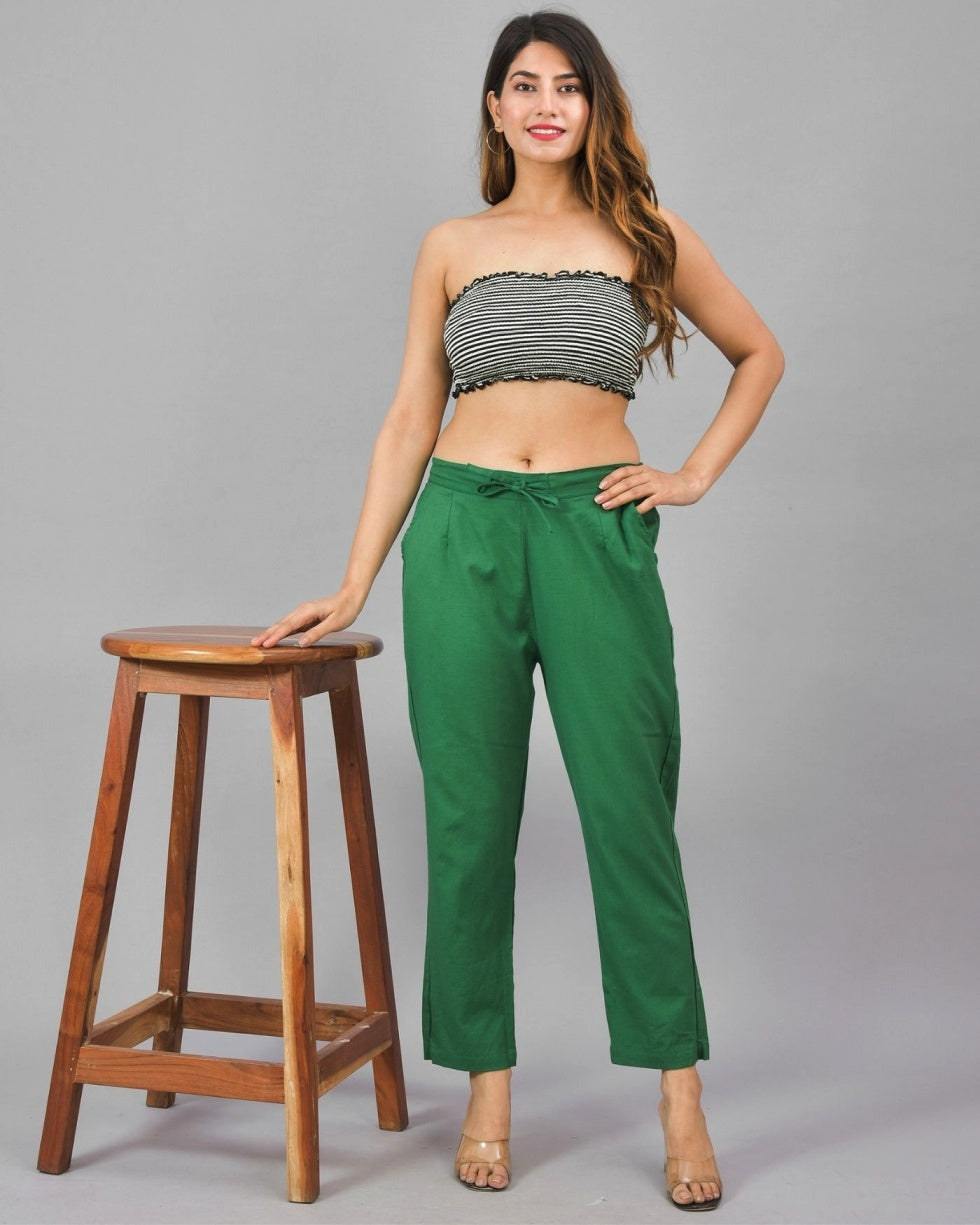 Combo of 2 White and Bottle Green Cotton Flax Women Trouser Pant-10347